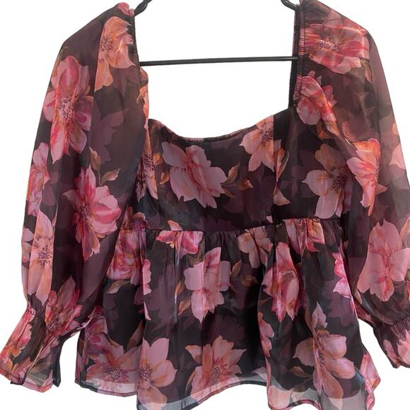 Thirty / Thirty Tops - Thirty/Thirty Iridescent Floral Babydoll Puffy Sleeves Ruffle Top Sz Large